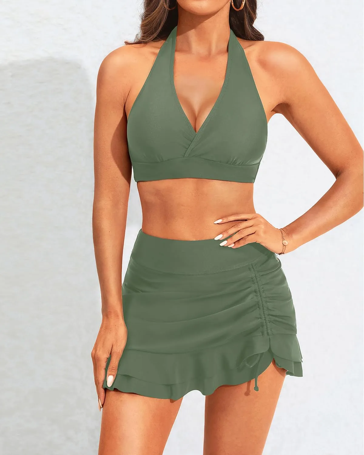 Yonique Womens High Waisted Bikini with Skirt Two Piece Swimsuit with Tummy Control Halter Bathing Suit