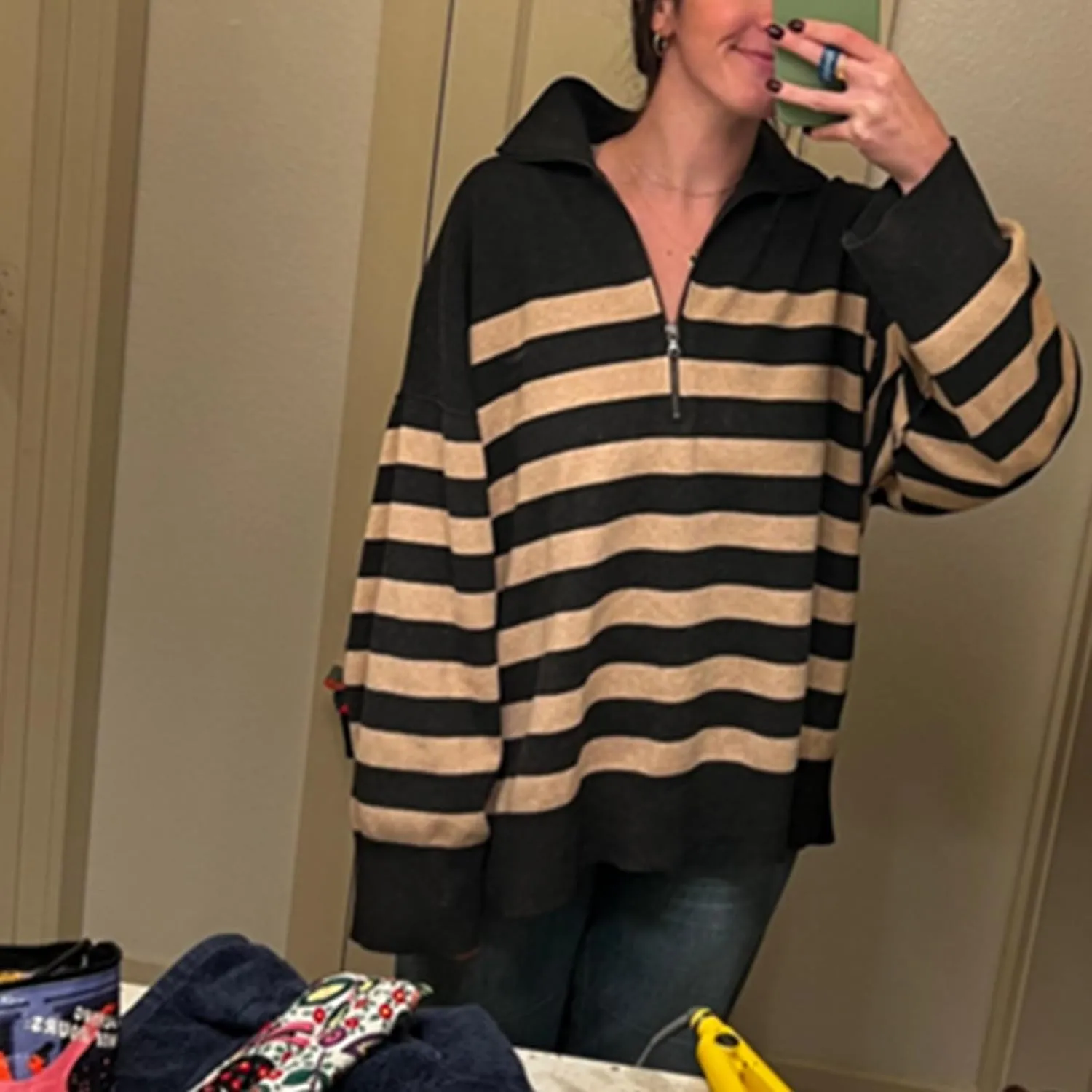 Yuemengxuan Women Y2k Striped Sweatshirts Quarter Zip Pullover Sweater Oversized Sweatshirt Hoodies Fall Fashion Outfits