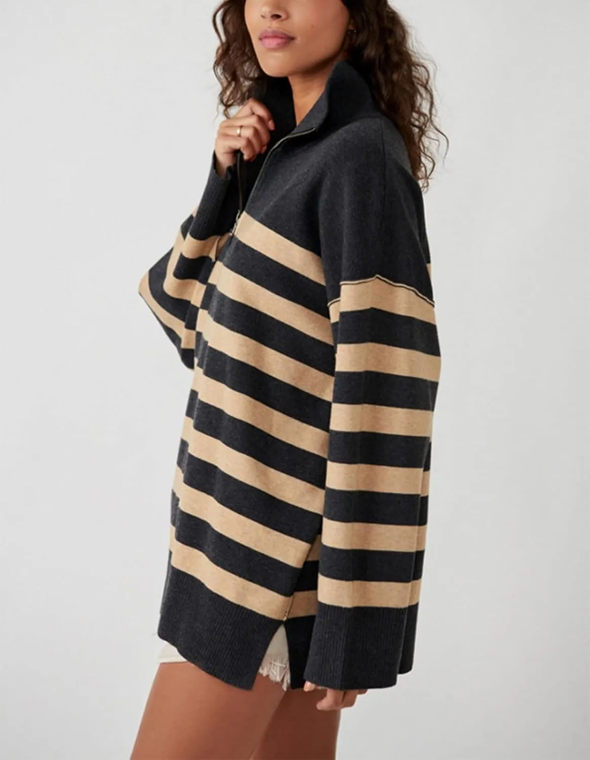 Yuemengxuan Women Y2k Striped Sweatshirts Quarter Zip Pullover Sweater Oversized Sweatshirt Hoodies Fall Fashion Outfits