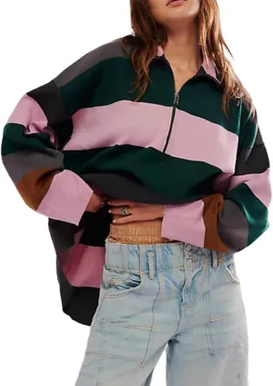 Yuemengxuan Women Y2k Striped Sweatshirts Quarter Zip Pullover Sweater Oversized Sweatshirt Hoodies Fall Fashion Outfits