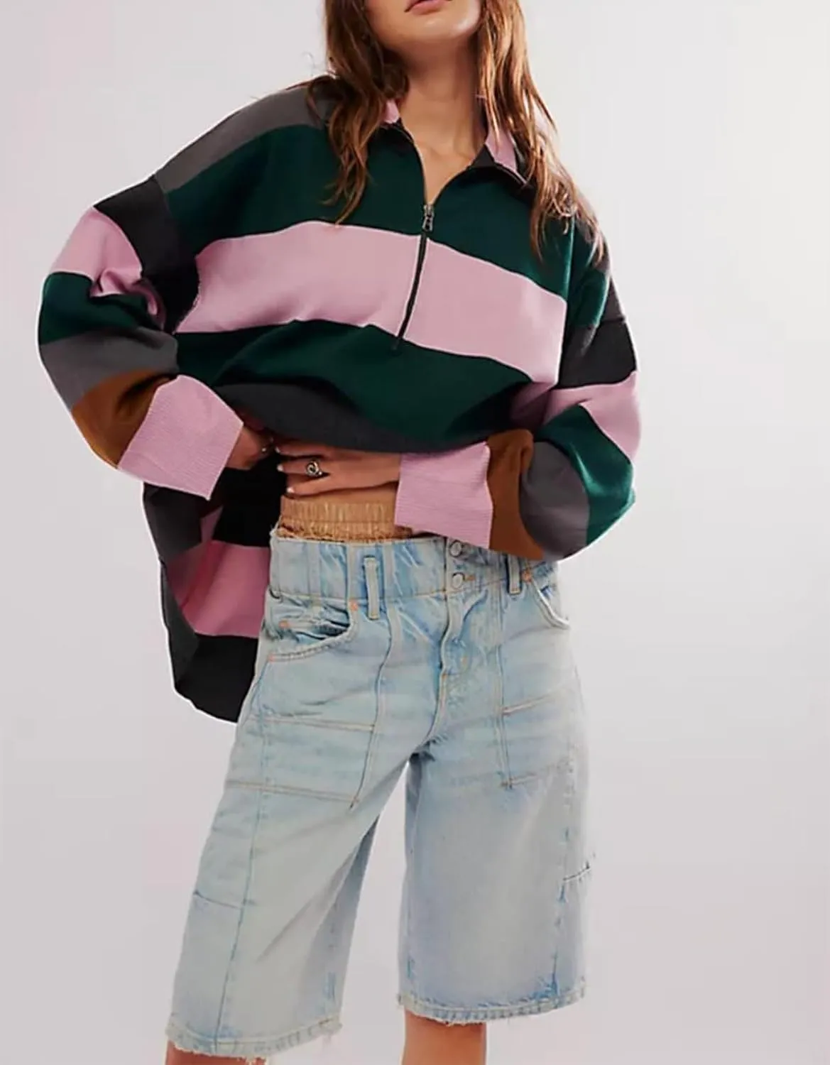 Yuemengxuan Women Y2k Striped Sweatshirts Quarter Zip Pullover Sweater Oversized Sweatshirt Hoodies Fall Fashion Outfits