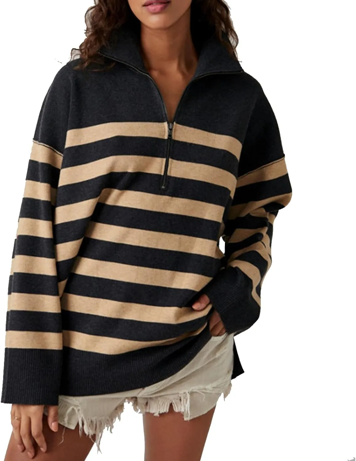 Yuemengxuan Women Y2k Striped Sweatshirts Quarter Zip Pullover Sweater Oversized Sweatshirt Hoodies Fall Fashion Outfits