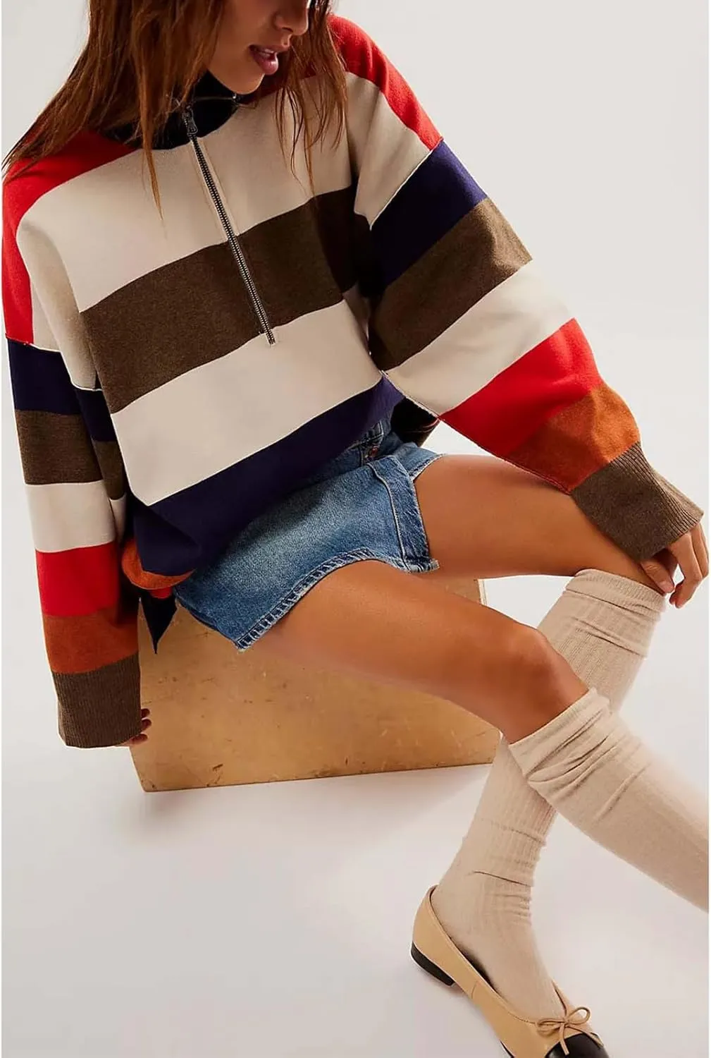 Yuemengxuan Women Y2k Striped Sweatshirts Quarter Zip Pullover Sweater Oversized Sweatshirt Hoodies Fall Fashion Outfits