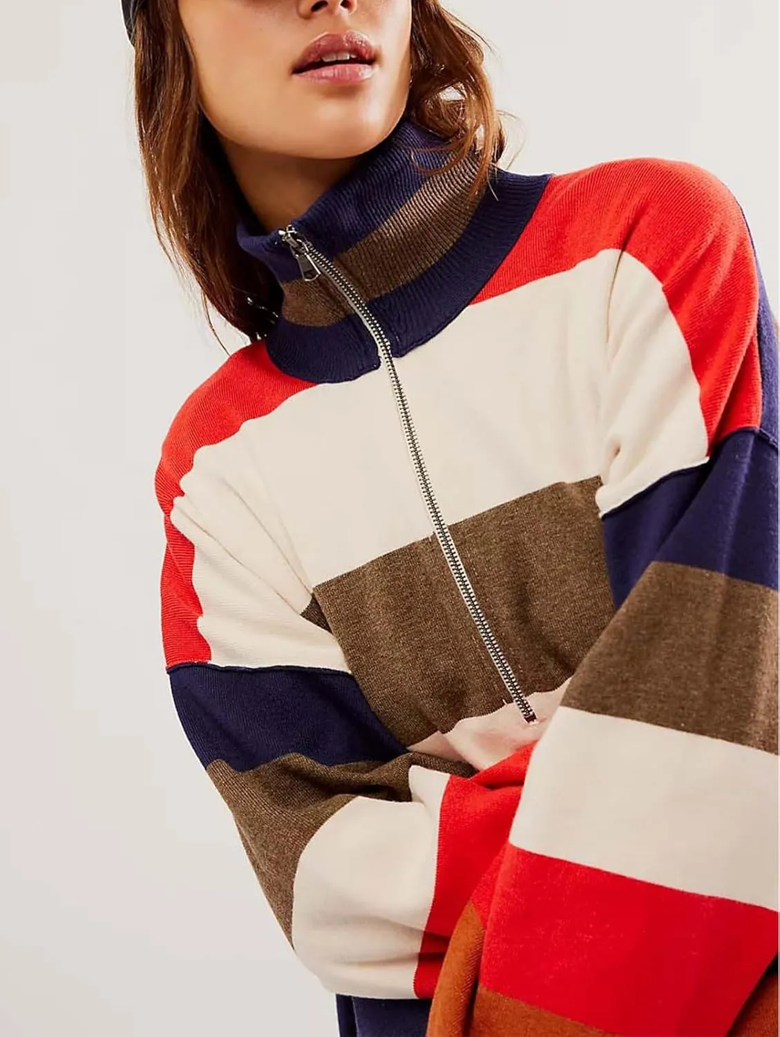 Yuemengxuan Women Y2k Striped Sweatshirts Quarter Zip Pullover Sweater Oversized Sweatshirt Hoodies Fall Fashion Outfits