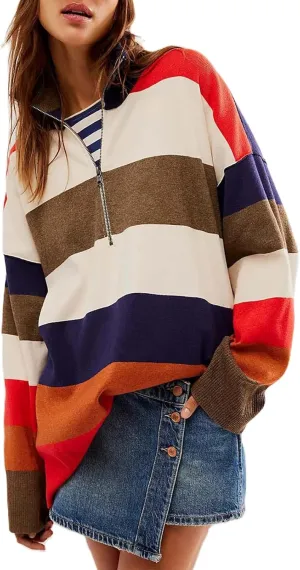 Yuemengxuan Women Y2k Striped Sweatshirts Quarter Zip Pullover Sweater Oversized Sweatshirt Hoodies Fall Fashion Outfits