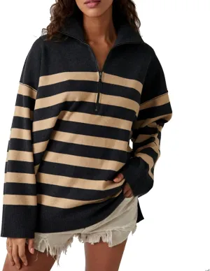 Yuemengxuan Women Y2k Striped Sweatshirts Quarter Zip Pullover Sweater Oversized Sweatshirt Hoodies Fall Fashion Outfits