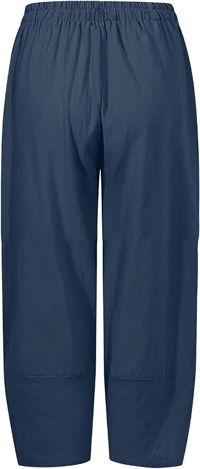 YUHGODO 2023 Summer Pants for Women Casual Wide Leg Harem Pants Cotton Linen Capri Pants Yoga Pants Elastic Waist Trousers