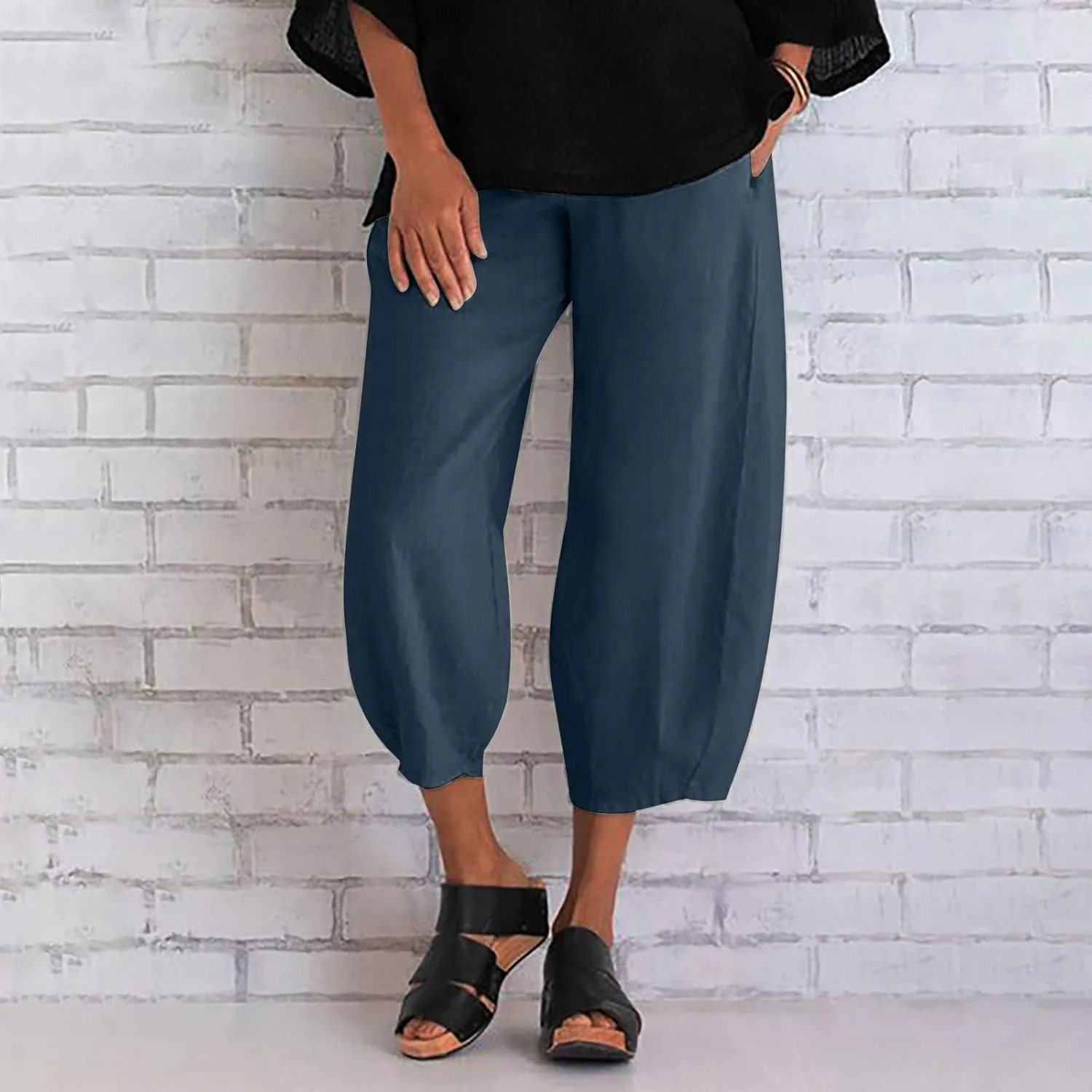 YUHGODO 2023 Summer Pants for Women Casual Wide Leg Harem Pants Cotton Linen Capri Pants Yoga Pants Elastic Waist Trousers