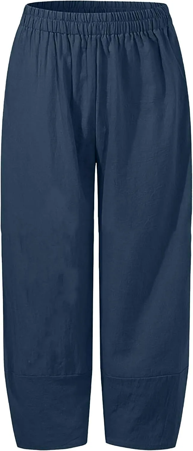 YUHGODO 2023 Summer Pants for Women Casual Wide Leg Harem Pants Cotton Linen Capri Pants Yoga Pants Elastic Waist Trousers