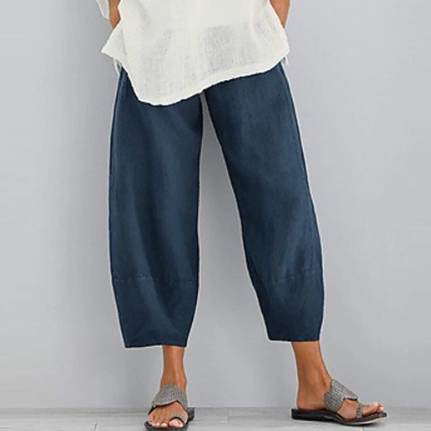 YUHGODO 2023 Summer Pants for Women Casual Wide Leg Harem Pants Cotton Linen Capri Pants Yoga Pants Elastic Waist Trousers