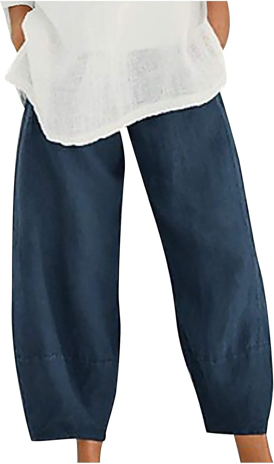 YUHGODO 2023 Summer Pants for Women Casual Wide Leg Harem Pants Cotton Linen Capri Pants Yoga Pants Elastic Waist Trousers