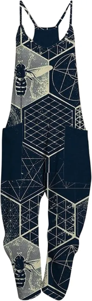 YUHGODO Boho Harem Pants Fashion Printed Overalls Suspender Bib Pants with Pockets Sleeveless Baggy Jumpsuits for Women