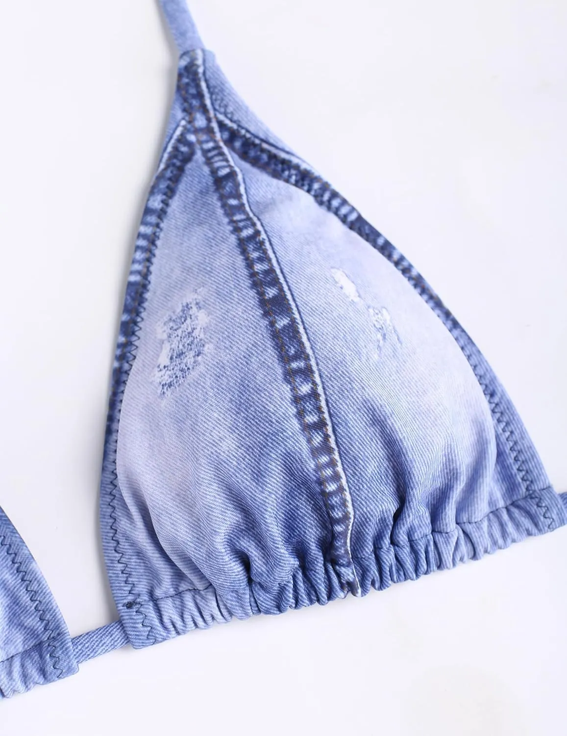 ZAFUL Bikini Sets for Women Denim Print Halter Neck Two Piece Swimsuits Sexy Open Back Triangle High Cut Thong Bathing Suit