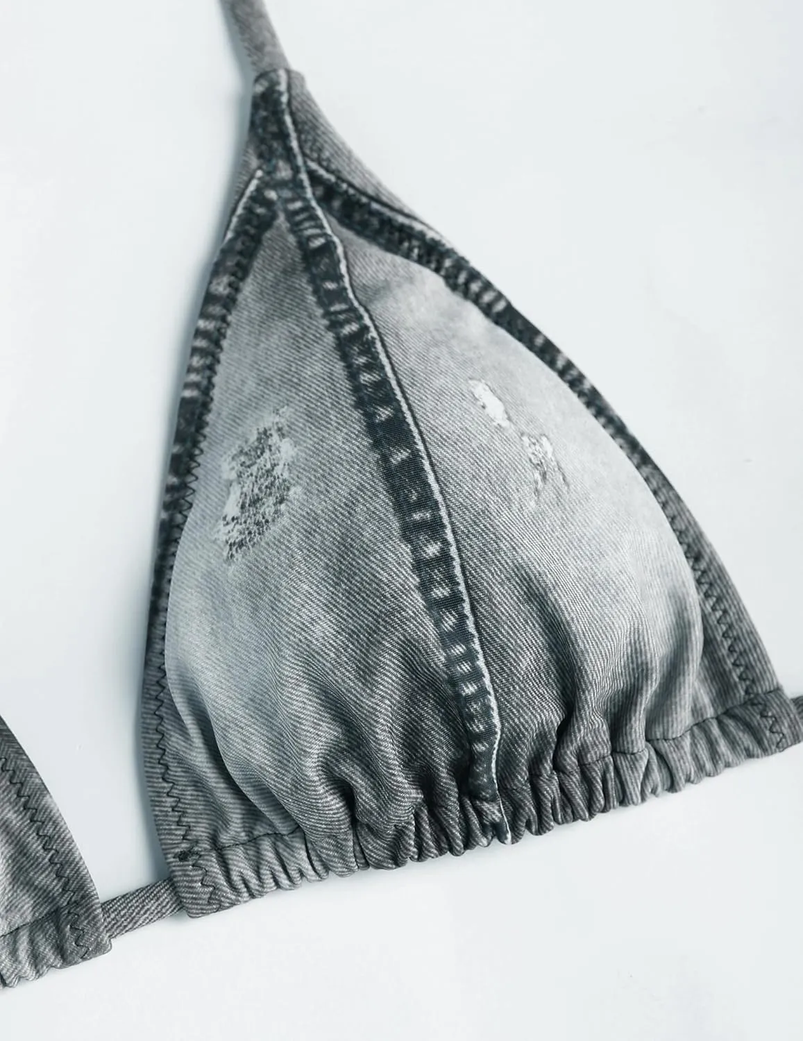 ZAFUL Bikini Sets for Women Denim Print Halter Neck Two Piece Swimsuits Sexy Open Back Triangle High Cut Thong Bathing Suit