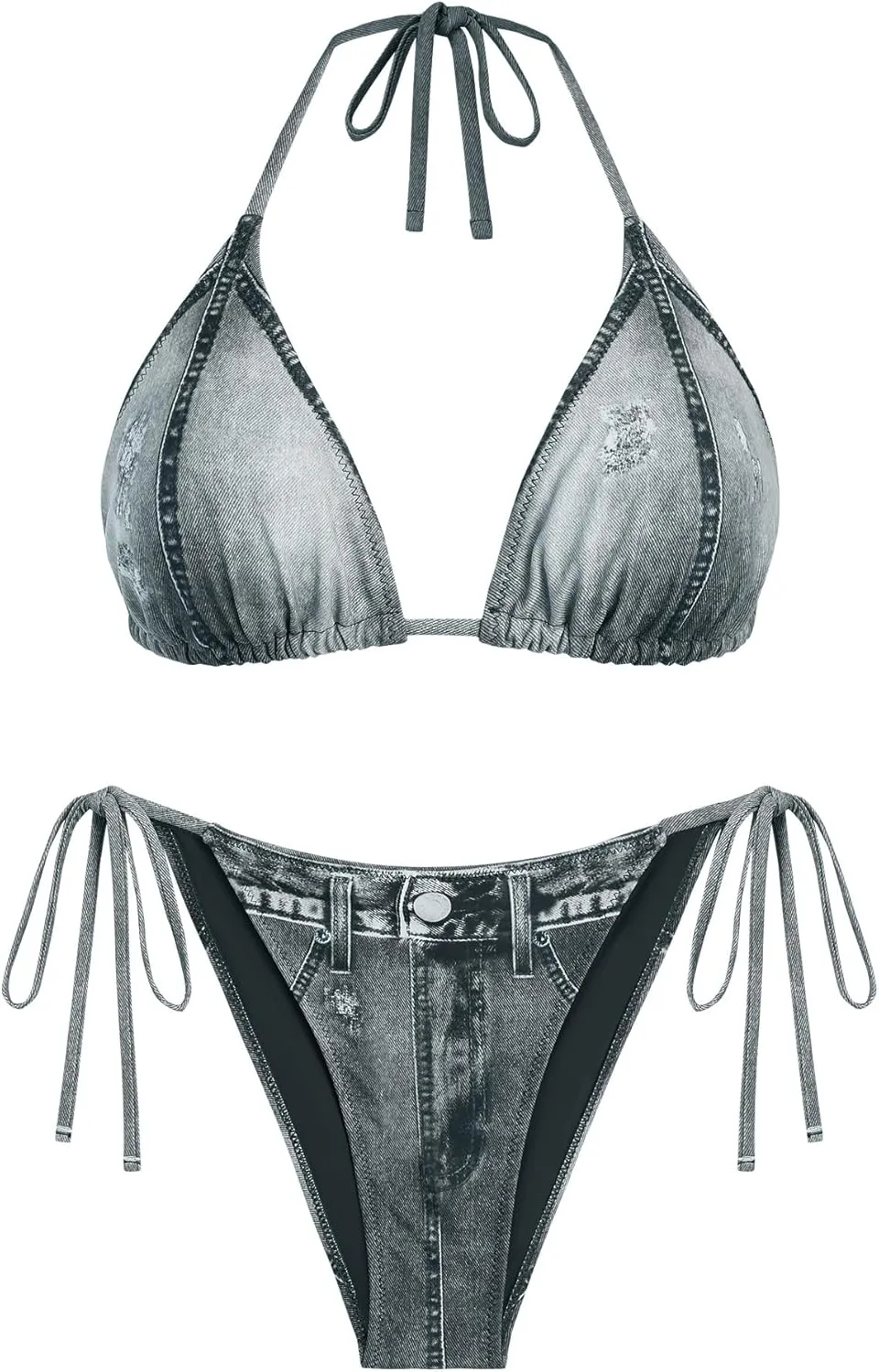 ZAFUL Bikini Sets for Women Denim Print Halter Neck Two Piece Swimsuits Sexy Open Back Triangle High Cut Thong Bathing Suit