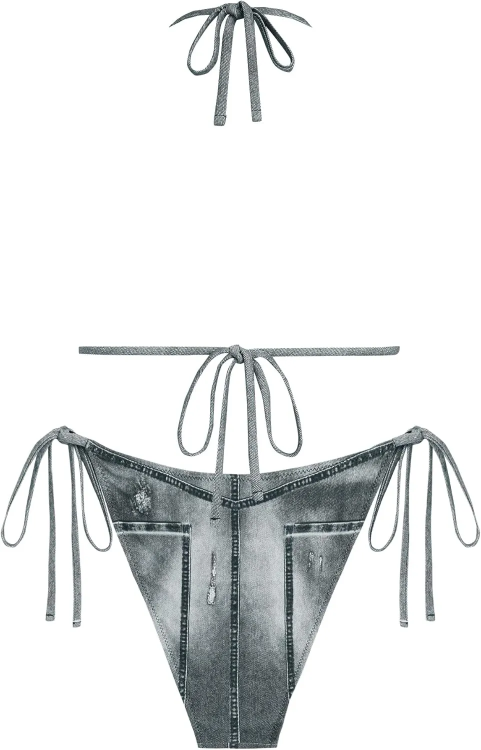 ZAFUL Bikini Sets for Women Denim Print Halter Neck Two Piece Swimsuits Sexy Open Back Triangle High Cut Thong Bathing Suit