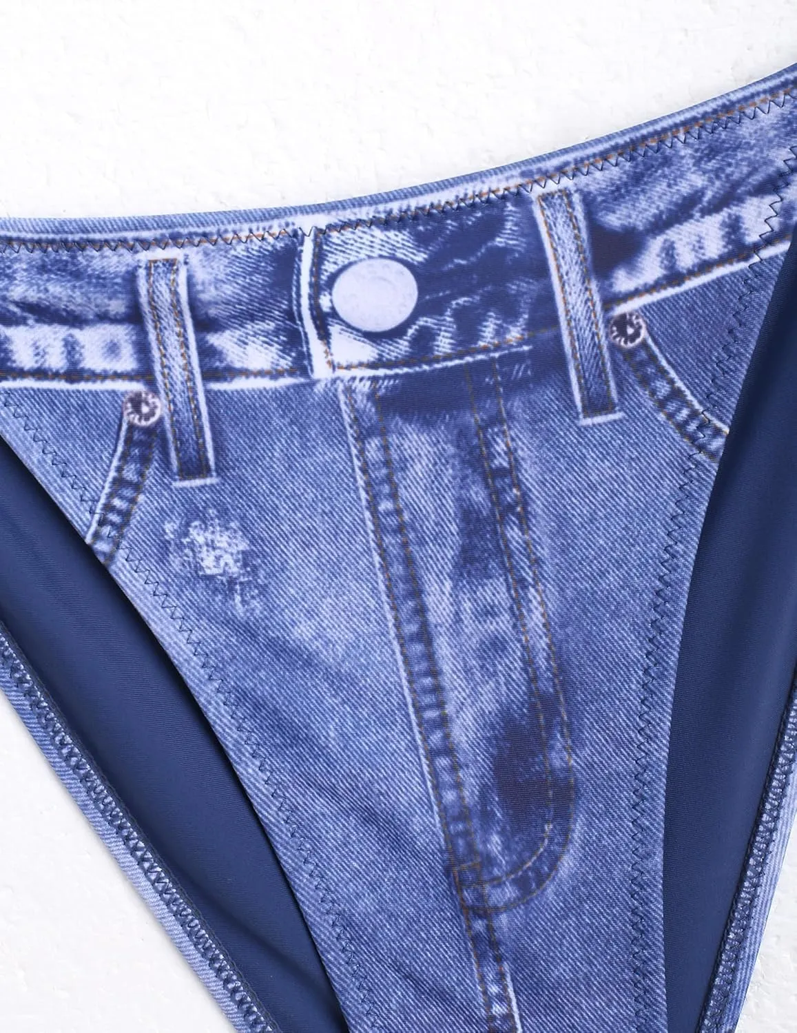 ZAFUL Bikini Sets for Women Denim Print Halter Neck Two Piece Swimsuits Sexy Open Back Triangle High Cut Thong Bathing Suit