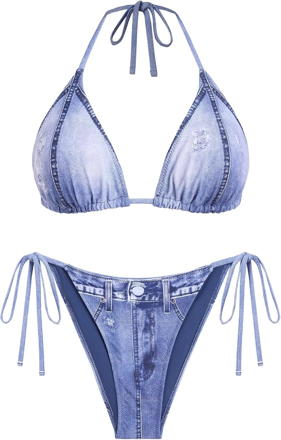ZAFUL Bikini Sets for Women Denim Print Halter Neck Two Piece Swimsuits Sexy Open Back Triangle High Cut Thong Bathing Suit