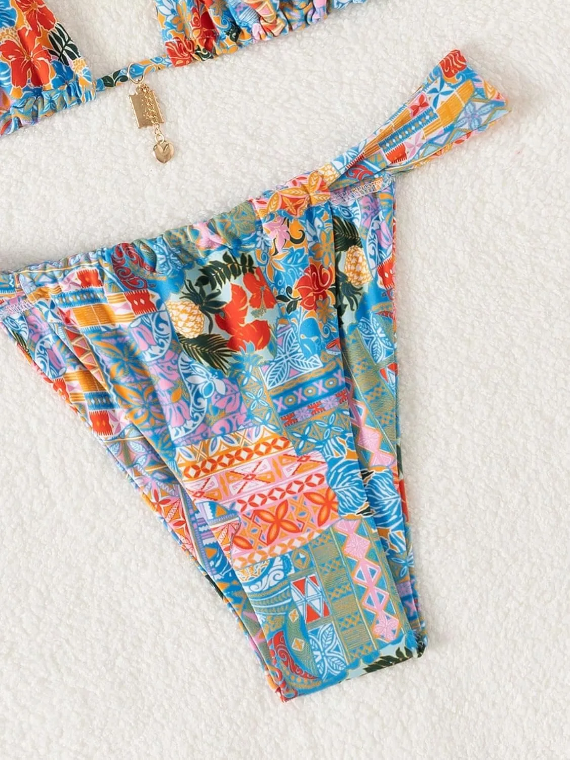 ZAFUL Bikini Sets for Women Triangle Bow Decor Ruffle Straps Lace up Swimsuit 2 Pieces High Cut Bathing Suits