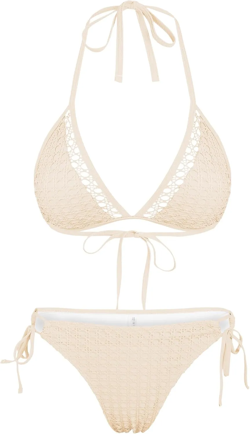 ZAFUL Women's Halter Bikini Set Crochet Triangle Two Piece Bathing Suit Side Tie Swimwear