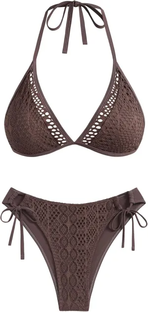 ZAFUL Women's Halter Bikini Set Crochet Triangle Two Piece Bathing Suit Side Tie Swimwear