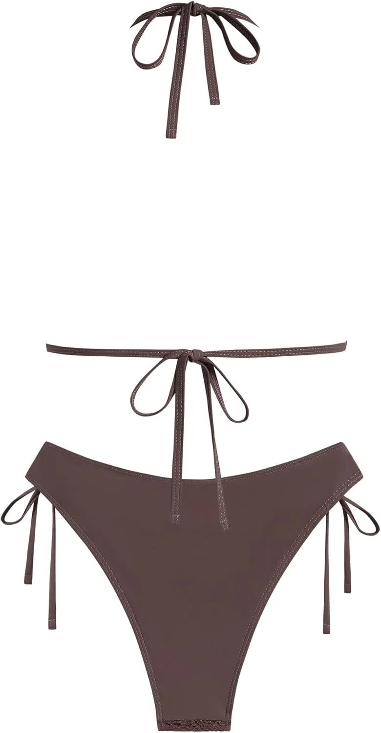ZAFUL Women's Halter Bikini Set Crochet Triangle Two Piece Bathing Suit Side Tie Swimwear
