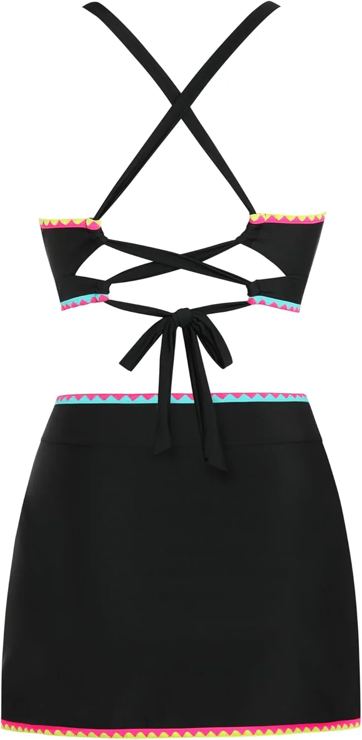 ZAFUL Women's High Waisted Bikini with Skirt Whip Stitch 2 Piece Swimsuits Tummy Control Bathing Suit