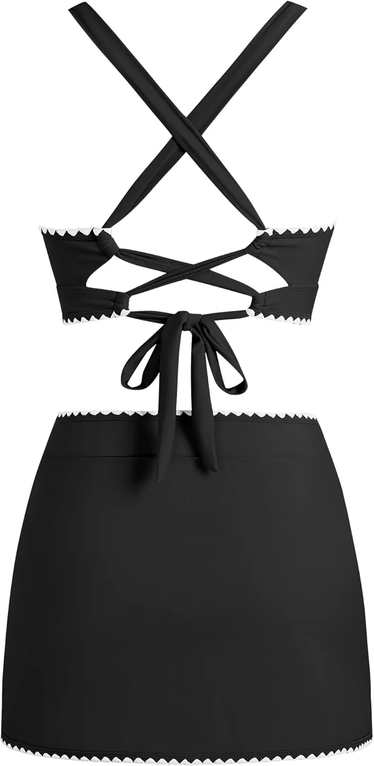 ZAFUL Women's High Waisted Bikini with Skirt Whip Stitch 2 Piece Swimsuits Tummy Control Bathing Suit