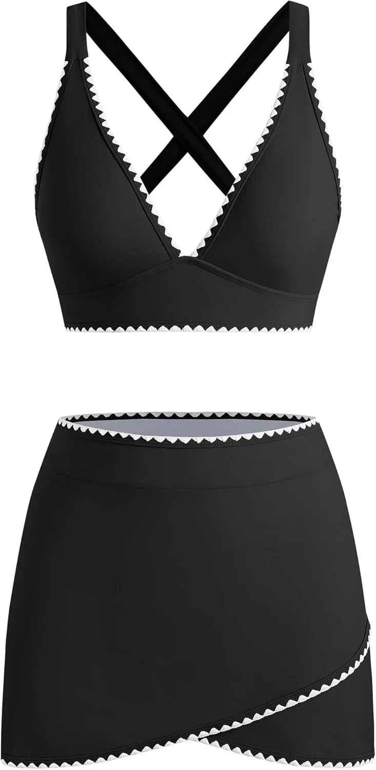 ZAFUL Women's High Waisted Bikini with Skirt Whip Stitch 2 Piece Swimsuits Tummy Control Bathing Suit