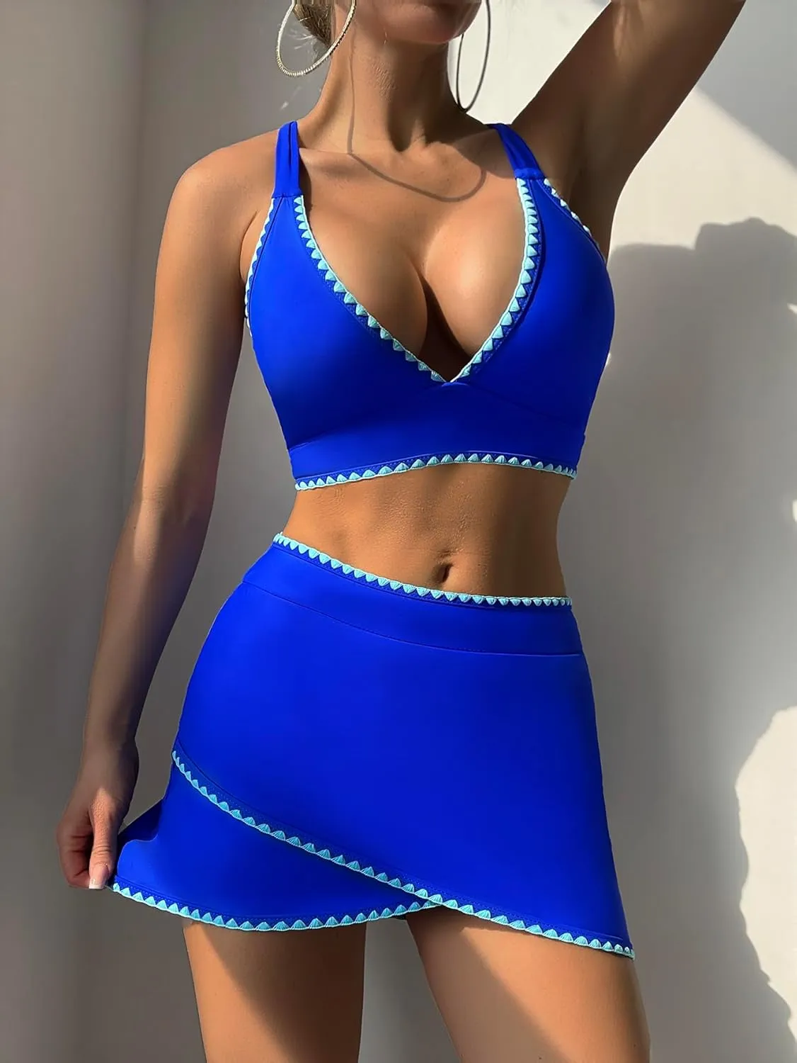 ZAFUL Women's High Waisted Bikini with Skirt Whip Stitch 2 Piece Swimsuits Tummy Control Bathing Suit