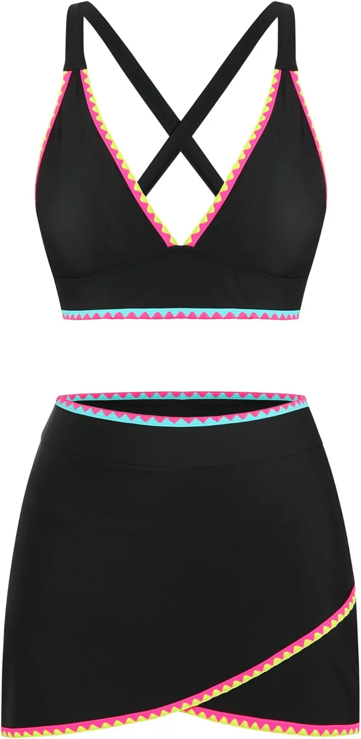 ZAFUL Women's High Waisted Bikini with Skirt Whip Stitch 2 Piece Swimsuits Tummy Control Bathing Suit