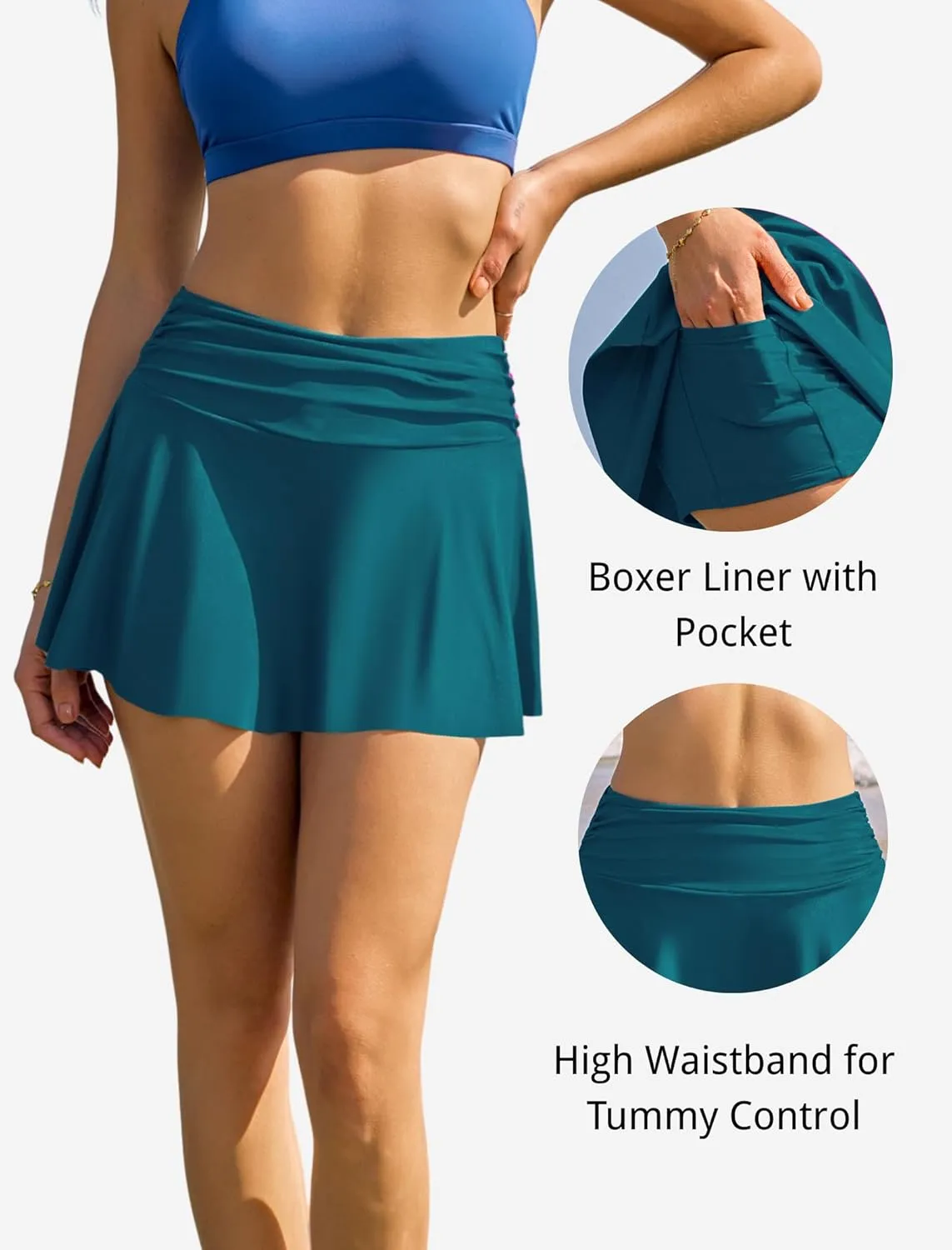 ZAFUL Women's High Waisted Swim Skirt with Pocket Ruched Tummy Control Swimsuit Bathing Suit Tankini Bottoms