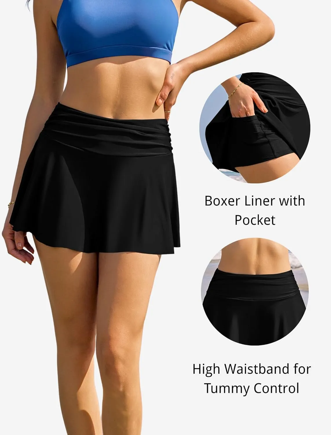 ZAFUL Women's High Waisted Swim Skirt with Pocket Ruched Tummy Control Swimsuit Bathing Suit Tankini Bottoms