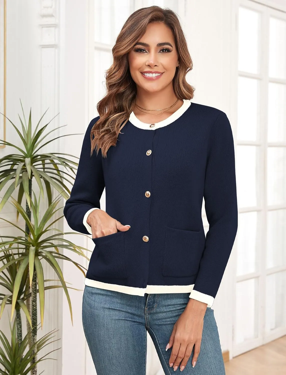 ZAFUL Women's Knit Cardigan Sweaters Casual Crew Neck Long Sleeve Button Up Open Front Jacquard Knit Sweater Tops