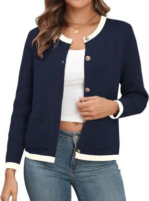 ZAFUL Women's Knit Cardigan Sweaters Casual Crew Neck Long Sleeve Button Up Open Front Jacquard Knit Sweater Tops