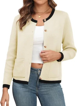ZAFUL Women's Knit Cardigan Sweaters Casual Crew Neck Long Sleeve Button Up Open Front Jacquard Knit Sweater Tops