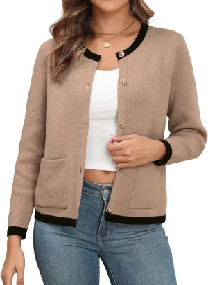 ZAFUL Women's Knit Cardigan Sweaters Casual Crew Neck Long Sleeve Button Up Open Front Jacquard Knit Sweater Tops
