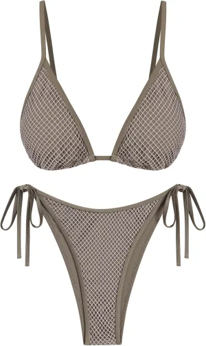 ZAFUL Women's Triangle Bikini Fishnet String Cheeky Bikini Sets High Cut Tie Side 2 Piece Swimsuit Bathing Suit