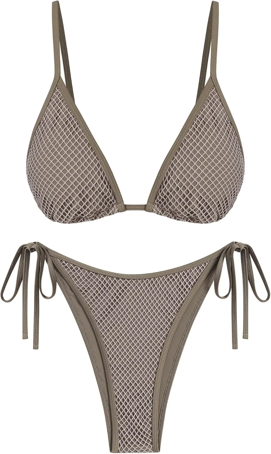 ZAFUL Women's Triangle Bikini Fishnet String Cheeky Bikini Sets High Cut Tie Side 2 Piece Swimsuit Bathing Suit