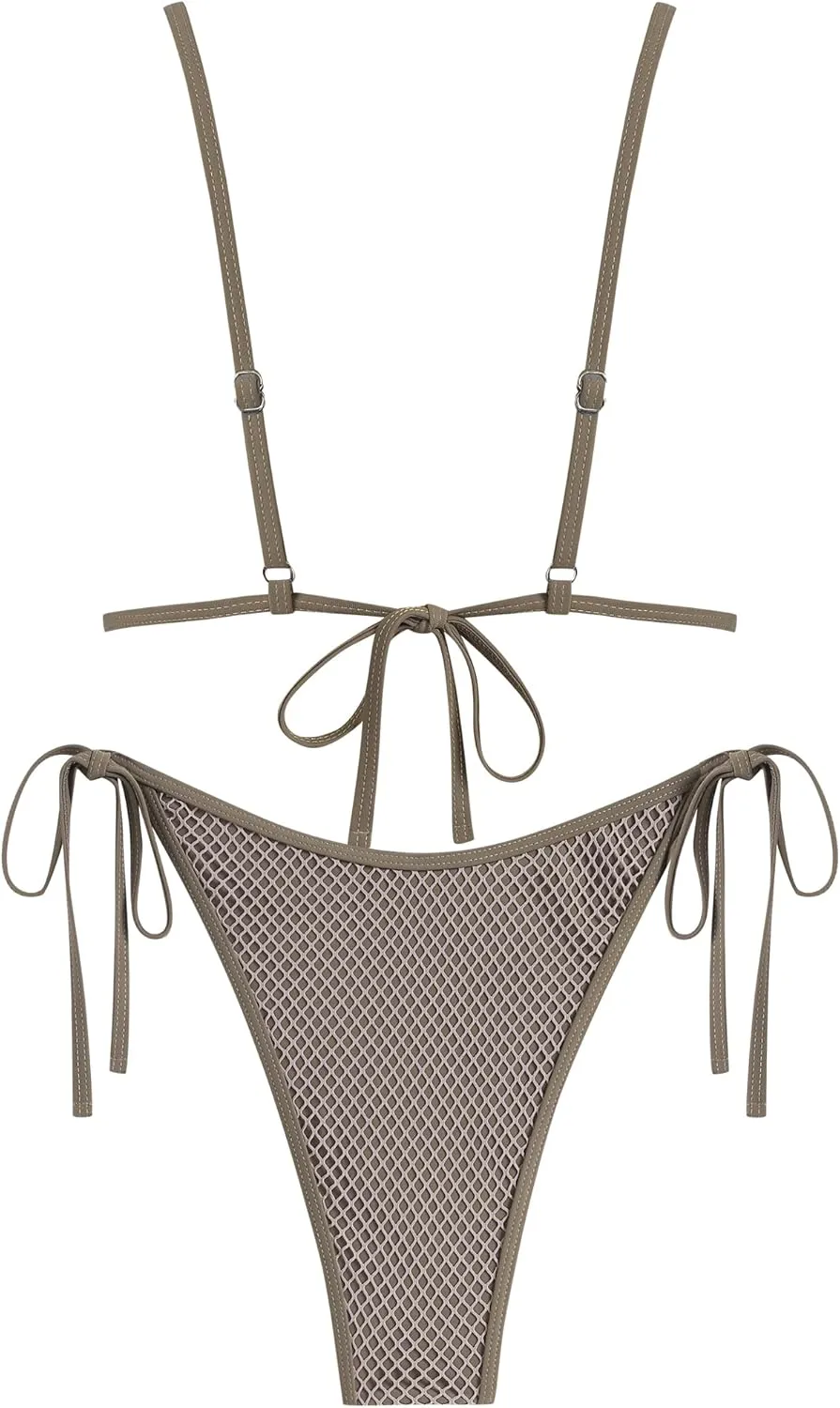 ZAFUL Women's Triangle Bikini Fishnet String Cheeky Bikini Sets High Cut Tie Side 2 Piece Swimsuit Bathing Suit