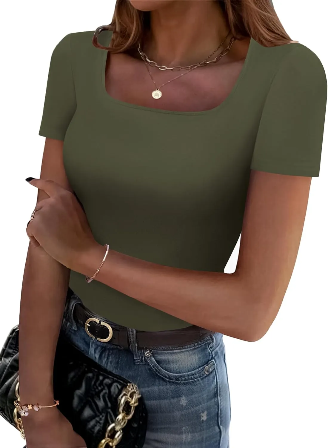 Zeagoo Women's Short Sleeve Square Neck T Shirt Slim Fitted Casual Basic Crop Top Going Out Tops