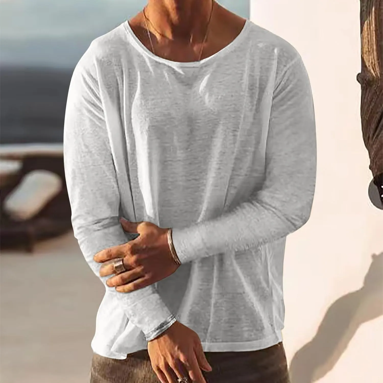 Zeiyignr Cotton Linen Shirts for Men Casual Shirts Round Neck Lightweight Long Sleeve Beach Shirt Loose Fit Hawaiian T Shirts