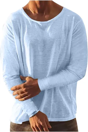 Zeiyignr Cotton Linen Shirts for Men Casual Shirts Round Neck Lightweight Long Sleeve Beach Shirt Loose Fit Hawaiian T Shirts