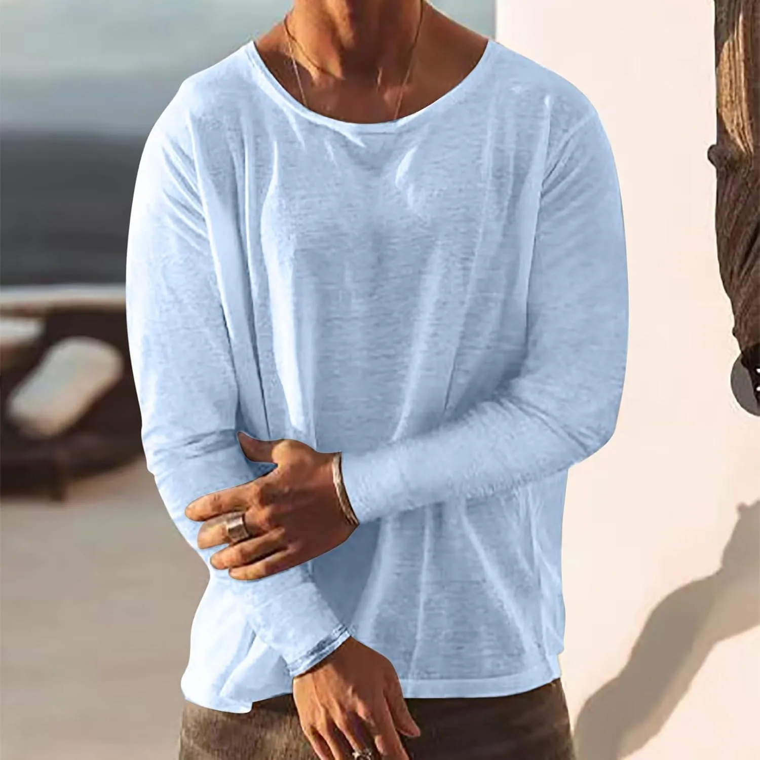 Zeiyignr Cotton Linen Shirts for Men Casual Shirts Round Neck Lightweight Long Sleeve Beach Shirt Loose Fit Hawaiian T Shirts
