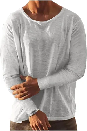 Zeiyignr Cotton Linen Shirts for Men Casual Shirts Round Neck Lightweight Long Sleeve Beach Shirt Loose Fit Hawaiian T Shirts