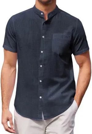 Zeiyignr Men's Banded Collar Beach Shirt Cotton Linen Casual Button Down Short Sleeve Shirts Summer Vacation Beach Shirts