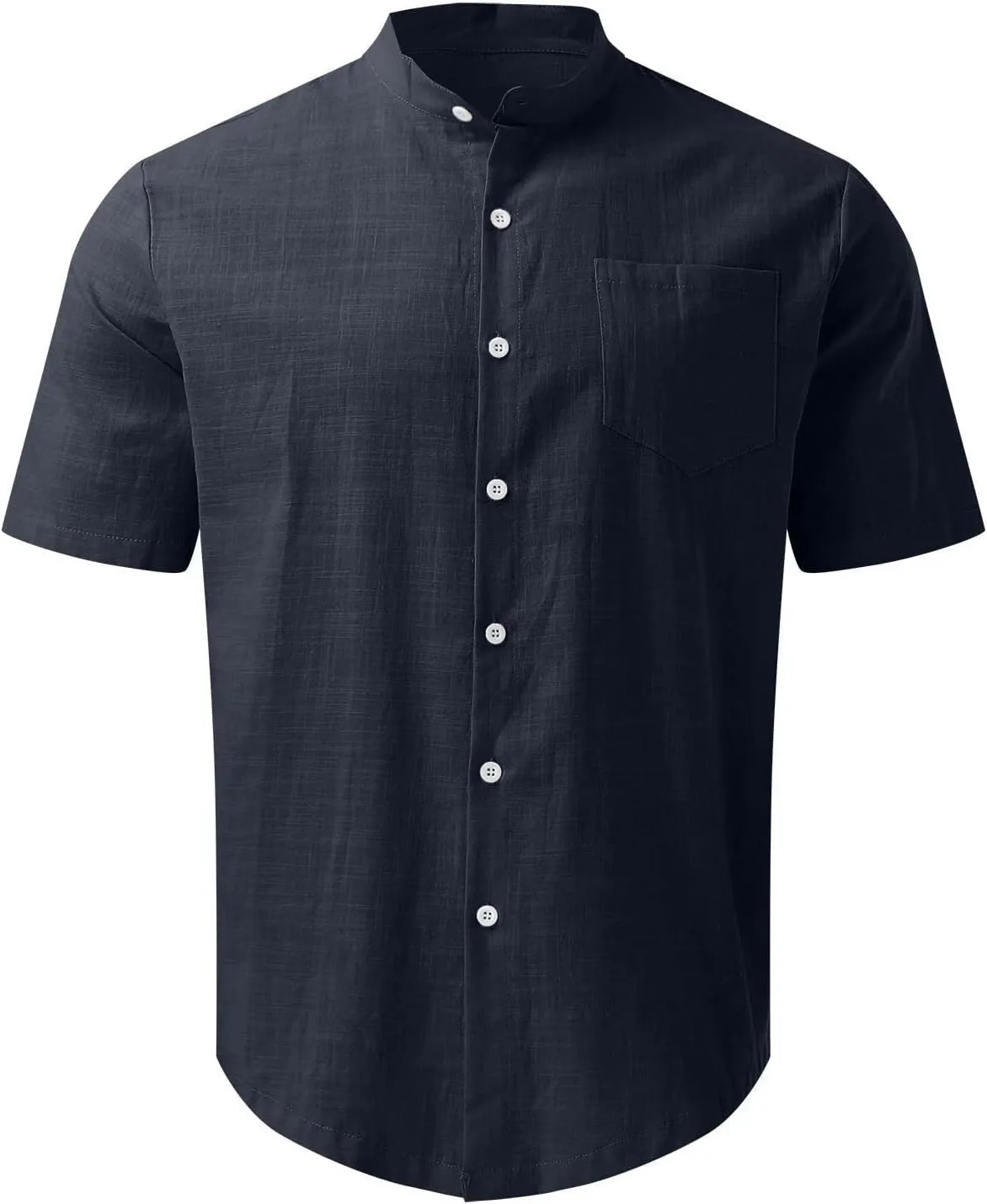 Zeiyignr Men's Banded Collar Beach Shirt Cotton Linen Casual Button Down Short Sleeve Shirts Summer Vacation Beach Shirts