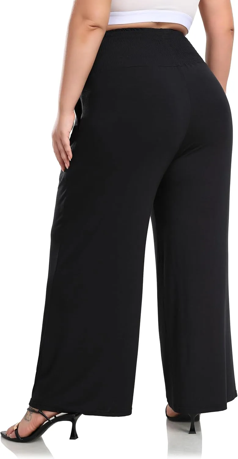 ZERDOCEAN Women's Plus Size Palazzo Pants Wide Leg Smocked Waist Casual Loose Lounge Pants with Pockets