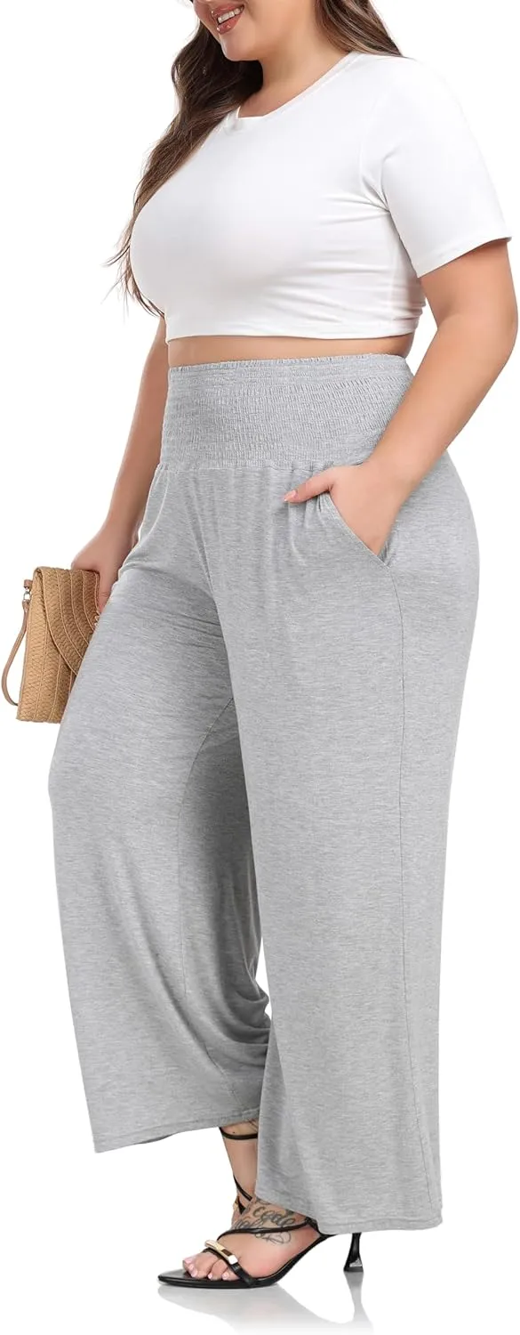 ZERDOCEAN Women's Plus Size Palazzo Pants Wide Leg Smocked Waist Casual Loose Lounge Pants with Pockets