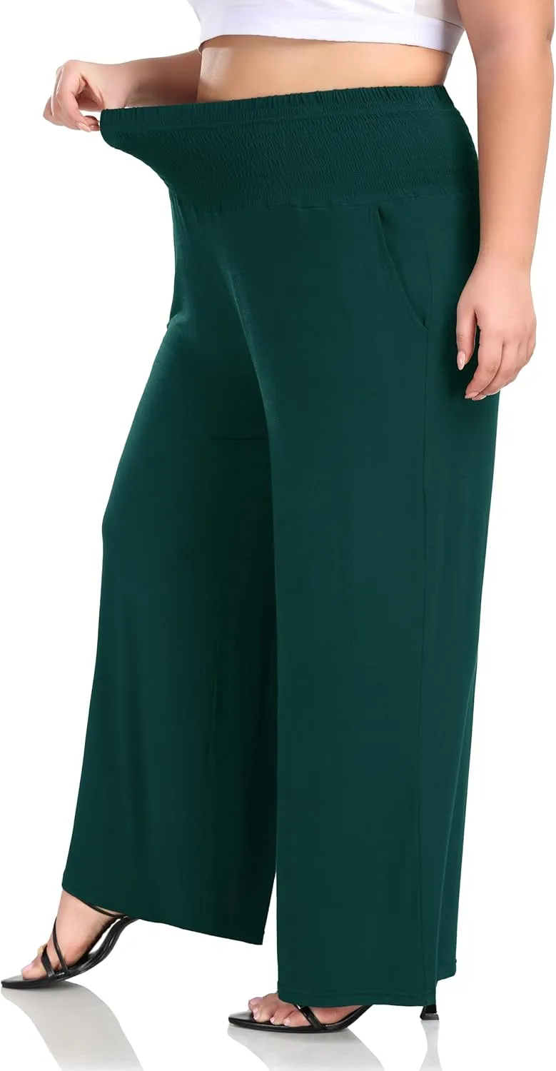 ZERDOCEAN Women's Plus Size Palazzo Pants Wide Leg Smocked Waist Casual Loose Lounge Pants with Pockets